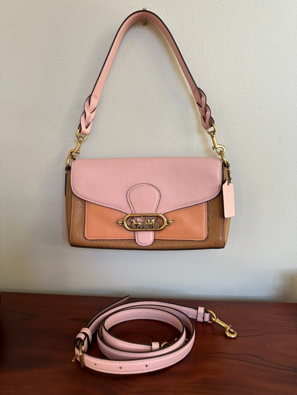 Coach Jade 91070 Pink Brown Leather Horse Carriage Shoulder & Crossbody Bag
